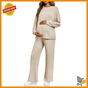 Maternity Pajama Set Ribbed Knit Long Sleeve Top Pants Loungewear